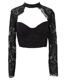 Women Summer elegant black lace crochet crop top hollow out shirt tops