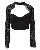 Women Summer elegant black lace crochet crop top hollow out shirt tops
