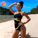 Andzhelika Sexy One Shoulder One Piece Swimsuit Off Shoulder Mesh Patchwork