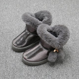 Girl Snow Boots Waterproof Kids Cotton Thicken Rubber Anti-Slip Sole Solid Color Cute Fur Ball