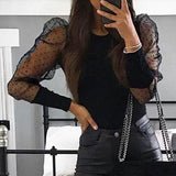 Mesh Patchwork Sexy Transparent Puff Sleeve Women's Polka Dot Bodysuit