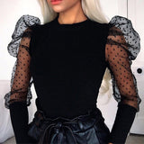 Mesh Patchwork Sexy Transparent Puff Sleeve Women's Polka Dot Bodysuit