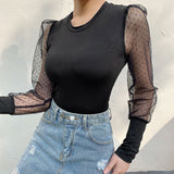 Mesh Patchwork Sexy Transparent Puff Sleeve Women's Polka Dot Bodysuit