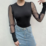 Mesh Patchwork Sexy Transparent Puff Sleeve Women's Polka Dot Bodysuit