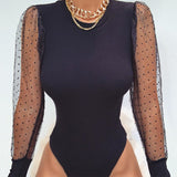 Mesh Patchwork Sexy Transparent Puff Sleeve Women's Polka Dot Bodysuit