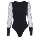 Mesh Patchwork Sexy Transparent Puff Sleeve Women's Polka Dot Bodysuit