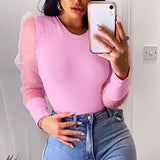 Mesh Patchwork Sexy Transparent Puff Sleeve Women's Polka Dot Bodysuit