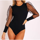 Mesh Patchwork Sexy Transparent Puff Sleeve Women's Polka Dot Bodysuit