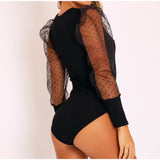 Mesh Patchwork Sexy Transparent Puff Sleeve Women's Polka Dot Bodysuit
