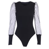 Mesh Patchwork Sexy Transparent Puff Sleeve Women's Polka Dot Bodysuit