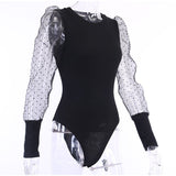 Mesh Patchwork Sexy Transparent Puff Sleeve Women's Polka Dot Bodysuit
