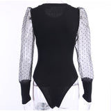 Mesh Patchwork Sexy Transparent Puff Sleeve Women's Polka Dot Bodysuit