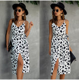 Women Summer Print Backless Sexy V Neck Sleeveless Cotton Dress