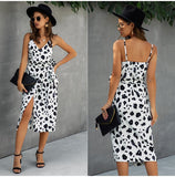 Women Summer Print Backless Sexy V Neck Sleeveless Cotton Dress