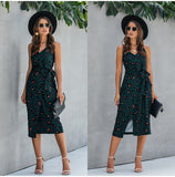 Women Summer Print Backless Sexy V Neck Sleeveless Cotton Dress