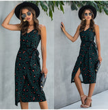 Women Summer Print Backless Sexy V Neck Sleeveless Cotton Dress
