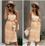 Women Summer Print Backless Sexy V Neck Sleeveless Cotton Dress
