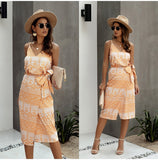 Women Summer Print Backless Sexy V Neck Sleeveless Cotton Dress