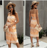 Women Summer Print Backless Sexy V Neck Sleeveless Cotton Dress