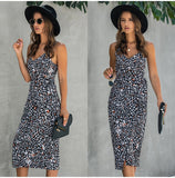 Women Summer Print Backless Sexy V Neck Sleeveless Cotton Dress
