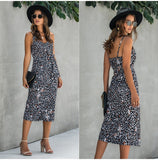 Women Summer Print Backless Sexy V Neck Sleeveless Cotton Dress
