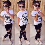 Kids Summer Short Sleeve Print T-Shirt+Hole Pant Leggings 2PCS Outfit