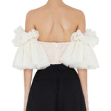 Women Off Shoulder Embroidery Ruffles Flare Sleeve Sexy Short Tops