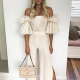 Women Off Shoulder Embroidery Ruffles Flare Sleeve Sexy Short Tops