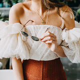 Women Off Shoulder Embroidery Ruffles Flare Sleeve Sexy Short Tops