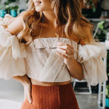 Women Off Shoulder Embroidery Ruffles Flare Sleeve Sexy Short Tops