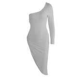 Viifaa One Shoulder Cut Out Side Asymmetrical Hem Bodycon Ruched Midi Party Dress