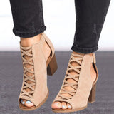 Women Square Heel Peep Toe Hollow Out Chunky Gladiator Sandals