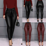 Hirigin Belt High Waist Pencil Pant Women Faux Leather PU Sashes Trousers