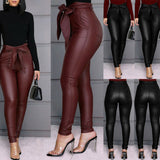 Hirigin Belt High Waist Pencil Pant Women Faux Leather PU Sashes Trousers
