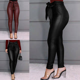Hirigin Belt High Waist Pencil Pant Women Faux Leather PU Sashes Trousers