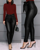 Hirigin Belt High Waist Pencil Pant Women Faux Leather PU Sashes Trousers