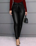 Hirigin Belt High Waist Pencil Pant Women Faux Leather PU Sashes Trousers