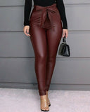 Hirigin Belt High Waist Pencil Pant Women Faux Leather PU Sashes Trousers