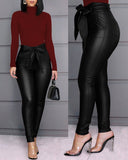 Hirigin Belt High Waist Pencil Pant Women Faux Leather PU Sashes Trousers