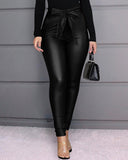 Hirigin Belt High Waist Pencil Pant Women Faux Leather PU Sashes Trousers