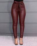 Hirigin Belt High Waist Pencil Pant Women Faux Leather PU Sashes Trousers