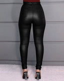 Hirigin Belt High Waist Pencil Pant Women Faux Leather PU Sashes Trousers