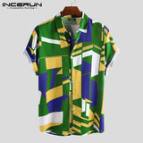 INCERUN Men Beach Shirt Geometric Print Short Sleeve Lapel Neck Button Leisure Hawaiian Shirts