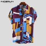 INCERUN Men Beach Shirt Geometric Print Short Sleeve Lapel Neck Button Leisure Hawaiian Shirts