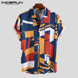 INCERUN Men Beach Shirt Geometric Print Short Sleeve Lapel Neck Button Leisure Hawaiian Shirts
