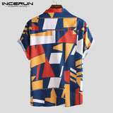 INCERUN Men Beach Shirt Geometric Print Short Sleeve Lapel Neck Button Leisure Hawaiian Shirts