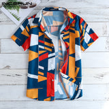 INCERUN Men Beach Shirt Geometric Print Short Sleeve Lapel Neck Button Leisure Hawaiian Shirts