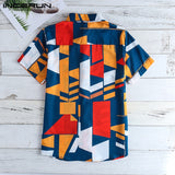 INCERUN Men Beach Shirt Geometric Print Short Sleeve Lapel Neck Button Leisure Hawaiian Shirts