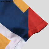INCERUN Men Beach Shirt Geometric Print Short Sleeve Lapel Neck Button Leisure Hawaiian Shirts