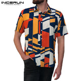INCERUN Men Beach Shirt Geometric Print Short Sleeve Lapel Neck Button Leisure Hawaiian Shirts
